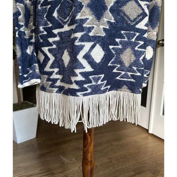 Lucky Brand Aztec Fringe Cardigan Sweater Jacket Open Front Blue Beige L - Picture 8 of 10